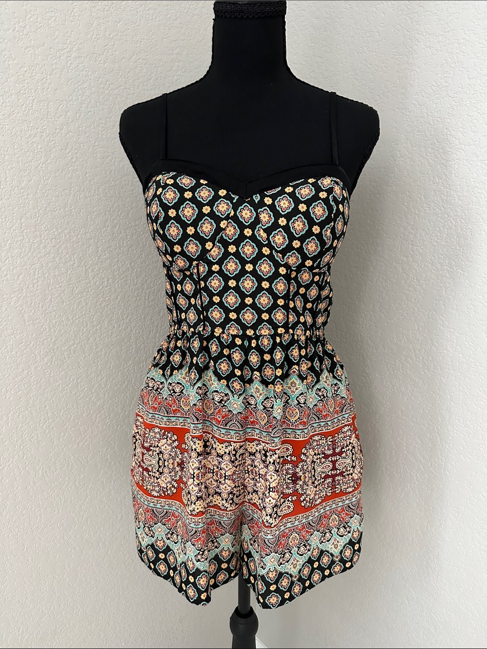 Xhilaration Black Spaghetti Strap Printed Romper with Red and Teal Accents